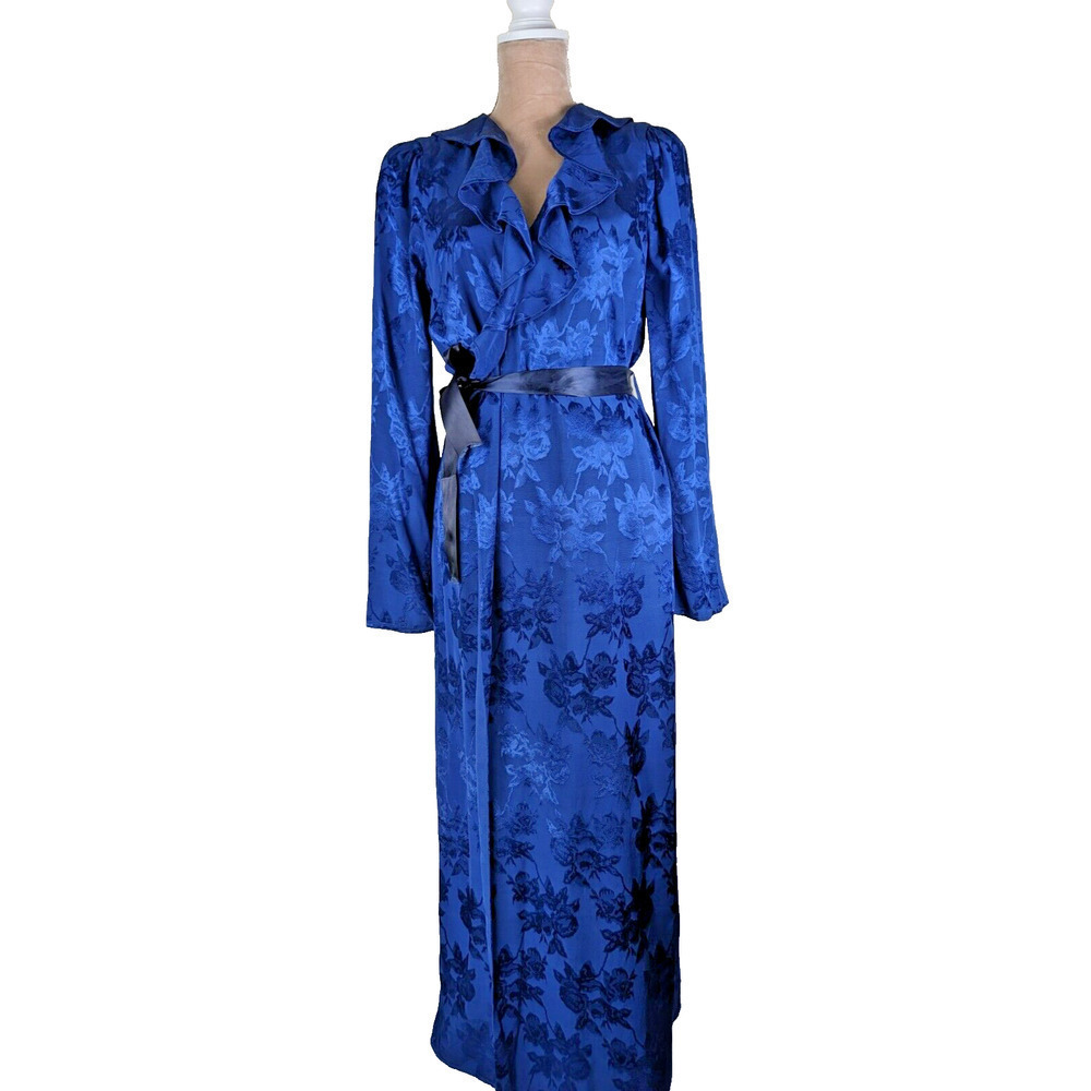 Lovers + Friends Bali Kimono Dress Navy Blue Floral Satin Ruffle Womens Size S